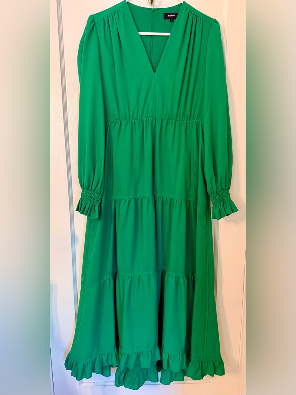 ME+EM Green Tiered Midi Dress Long Sleeve V-Neck Ruffle